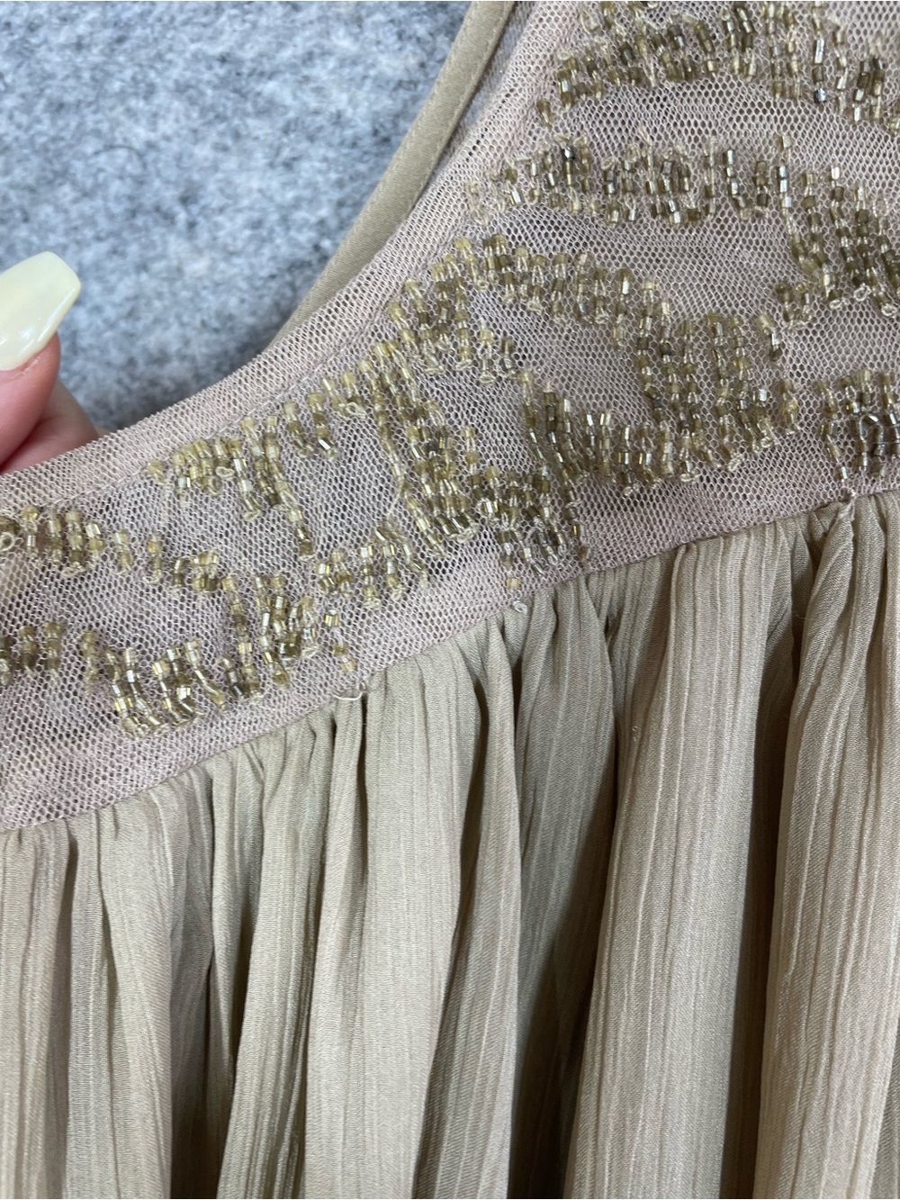 Anthropologie Moulinette Soeurs Beaded Chiffon Dress 6 Taupe Grecian Boho Tunic - Picture 6 of 16